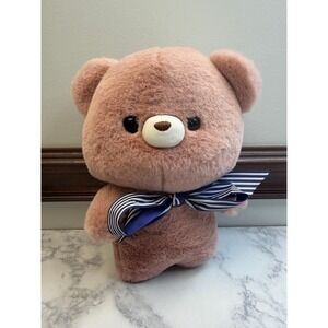 Kawaii Pink Teddy Bear Plush Stuffed Animal with Blue Striped Bow 9 Inch